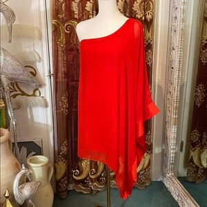 Red One Shoulder Sheer Drape Top